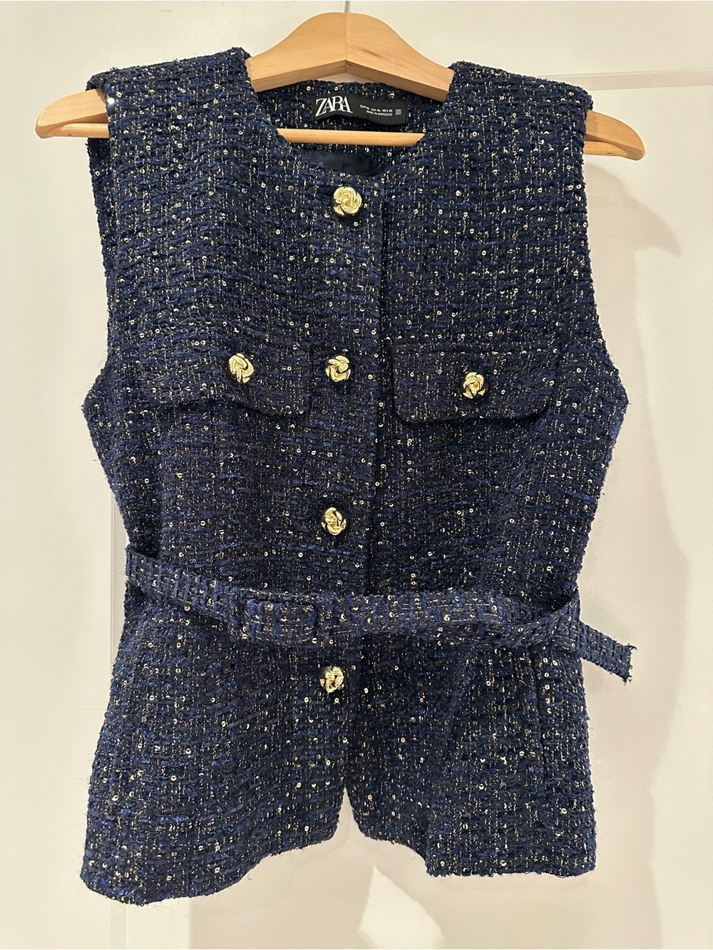 Zara Navy Tweed Sleeveless Vest with Gold Buttons